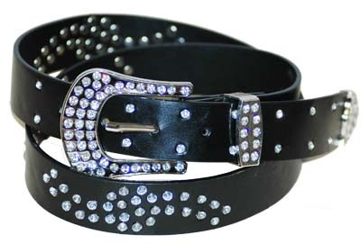 WN-303 BLACK STUDDED LEATHER BELT WITH FANCY BUCKLE, SMALL