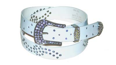 WN-303 WHITE STUDDED LEATHER BELT WITH FANCY BUCKLE, LARGE