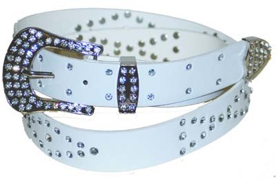 WN-306 WHITE STUDDED LEATHER BELT WITH FANCY BUCKLE, MEDIUM