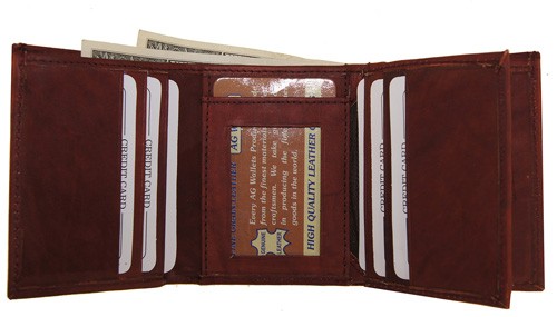 WA-1221 COWHIDE TRIFOLD LEATHER WALLET W/CTR FLAP IN BURGUNDY