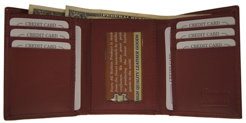 WA-1205 COWHIDE TRIFOLD LEATHER WALLET IN BURGUNDY