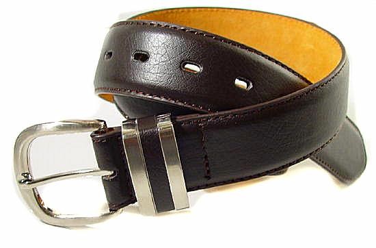 LA-003 1.5 BROWN LEATHER STITCHED BELT W/DOUBLE BELT KEEPERS, 34"
