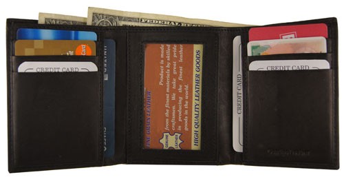 WA-1205 COWHIDE TRIFOLD LEATHER WALLET IN BLACK